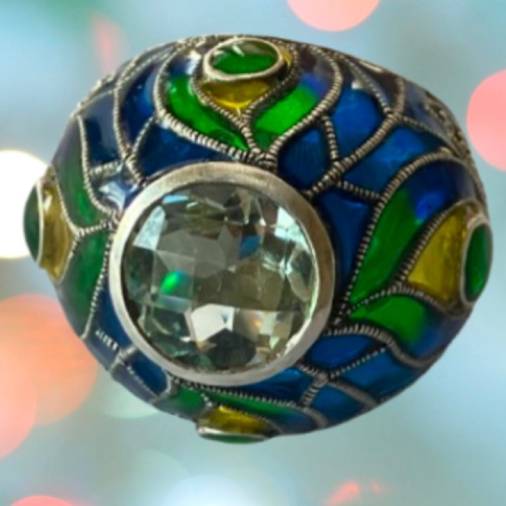 VTG Enamel Sterling Silver Prasiolite Gemstone Marcasites Domed Cocktail Ring